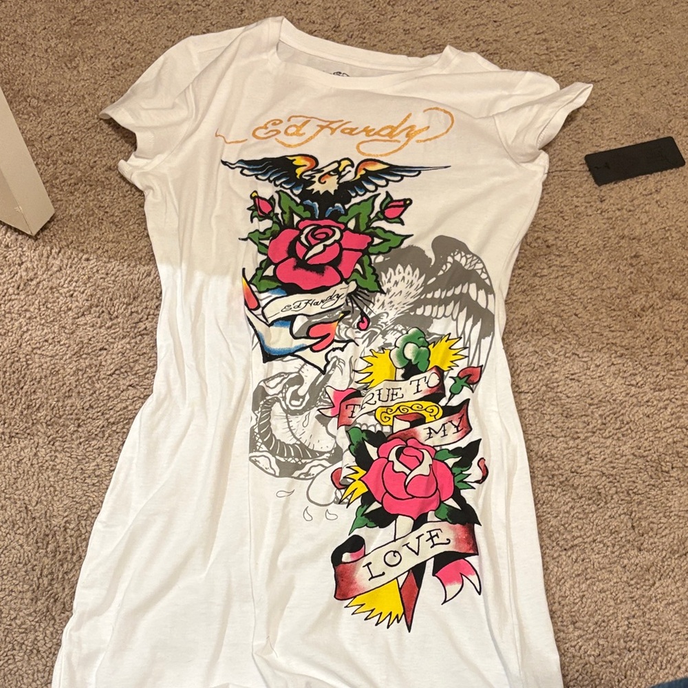 Ed Hardy White Tee dress with Colorful Tattoo Art